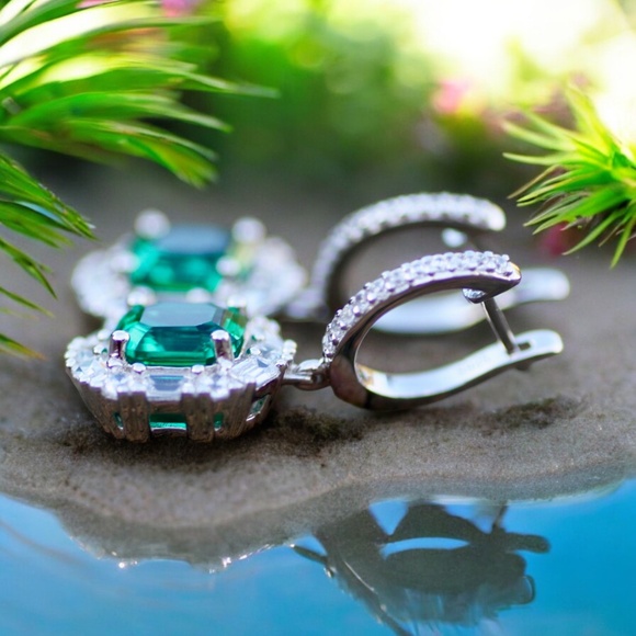 Emerald Earrings Solid Sterling Silver 925 , May Birthstone , 20th anniversary - Picture 2 of 10
